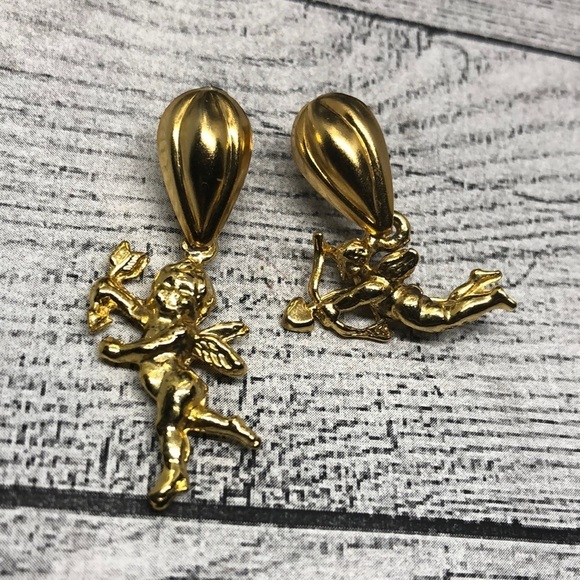 Gold tone cherub angels earrings romantic statement fun - Picture 1 of 5